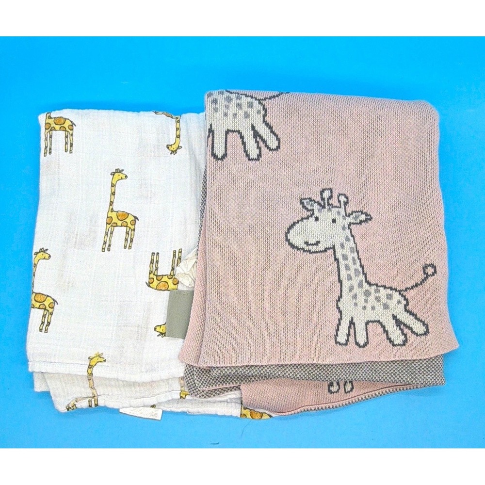 Lot of 2 Giraffe Baby Blankets Frolics Pink Knit & aden + anais Muslin Swaddle